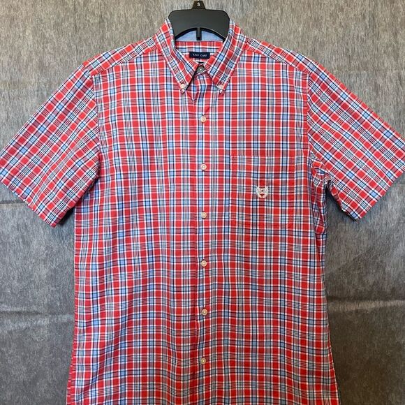 Men’s Chaps Easy Care Button Down Shirt Red Checker w Blue Stripes Pattern Small - Picture 1 of 3